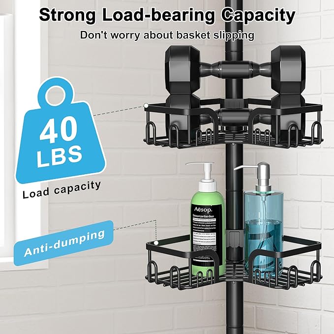 Clothink Corner Shower Caddy Tension Pole 4 Tier Adjustable Stainless Steel Shower Shelf for Inside Shower Bathtub Shampoo,Standing Bathroom Organizer Shelves with 39 to 113 inch Height