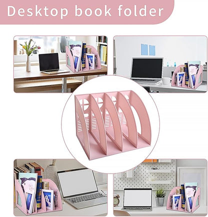 SAYEEC Sturdy Magazine Holder 4 Compartments Plastic Desktop File Organizer File Dividers Office Organizer Storage Document Magaizne Rack Display Box (Pink)