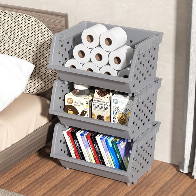 4 Packs Plastic Stackable Storage Bins, Large Stacking Storage Baskets, Gray