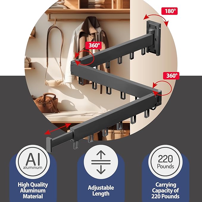 Clothes Drying Rack - Comes with Portable Travel Clothes Hanger 2X -Wall Mounted Drying Rack - Space Saving - Easy to Install - Clothes Hanging - Retractable - (Tri-Fold) (Dark Gray)