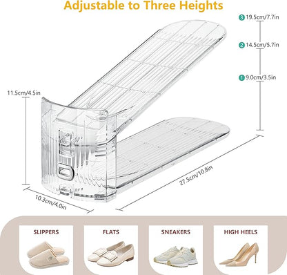 10-Pack Shoe Slot Organizer & Shoe Stacker for Closet, Adjustable Shoe Space Saver, Double Deck Clear Shoe Storage for Small Spaces (Transparent)