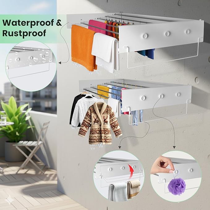 Laundry drying rack wall mount(28-INCH White), a wall mount clothes drying rack solution with reinforced metal frame, easy installation in tight spaces and foldable; drying rack clothing wall mounted.