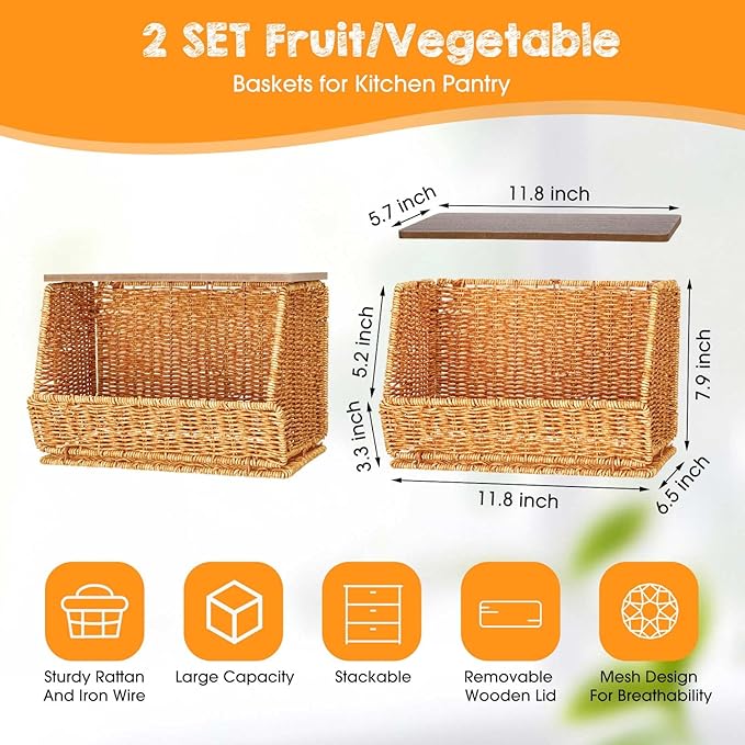 2 Tier Fruit Basket for Kitchen Counter Stackable Wall Mounted Hanging Basket Wicker Hanging Baskets with Wood Lid for Onion Fruit Vegetable Storage