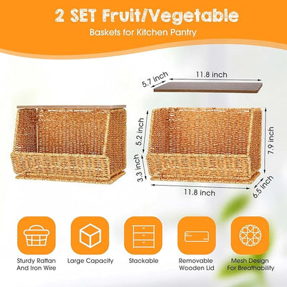 2 Tier Fruit Basket for Kitchen Counter Stackable Wall Mounted Hanging Basket Wicker Hanging Baskets with Wood Lid for Onion Fruit Vegetable Storage