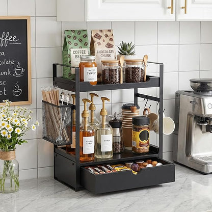 Coffee Station Organizer Countertop, Wooden Coffee Bar Accessories Organizer with Basket, 2 Mug Holder Hooks and Pod Drawer, Multifunctional 2 Tier Countertop Organizer for Kitchen, Bathroom, Office