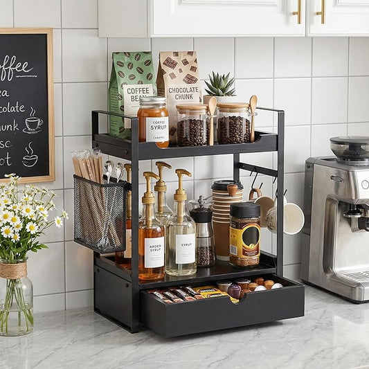 Coffee Station Organizer Countertop, Wooden Coffee Bar Accessories Organizer with Basket, 2 Mug Holder Hooks and Pod Drawer, Multifunctional 2 Tier Countertop Organizer for Kitchen, Bathroom, Office