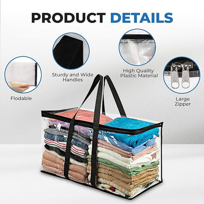 VitalUp 4 Pack Clear Large Moving Bags, Heavy Duty Storage Bags, College Totes, Storage Bins, for Organizing Blankets, Clothing for College, Dorm, Packing, Durable with Zipper and Handle 25x14x12