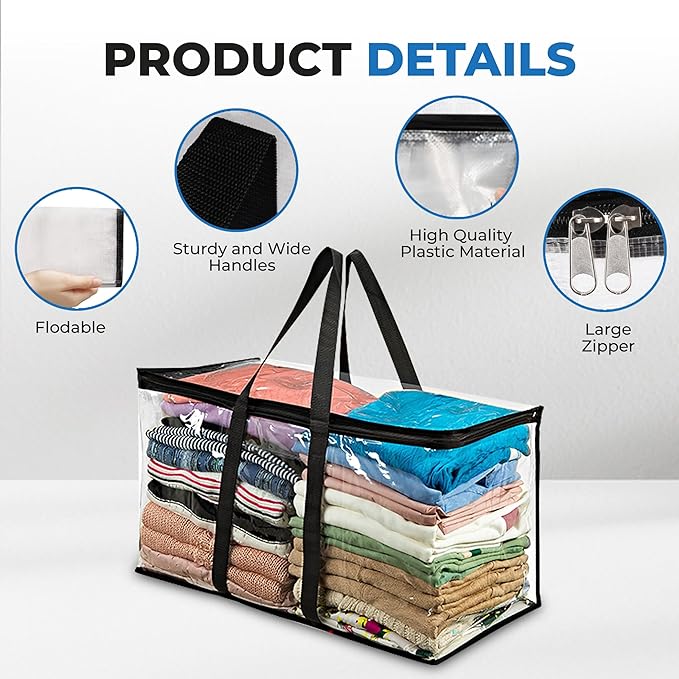 VitalUp 2 Pack Clear Large Moving Bags, Heavy Duty Storage Bags, College Totes, Storage Bins, for Organizing Blankets, Clothing for College, Dorm, Packing, Durable with Zipper and Handle 25x14x12