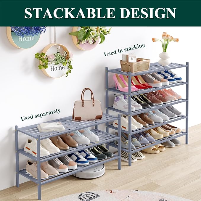 Smiry Long Bamboo Shoe Rack 4-Tier, Stackable Wooden Shoe Organizer for Entryway & Closet, Free Standing Wood Shoe Storage Shelf for Front Door & Small Spaces, Grey