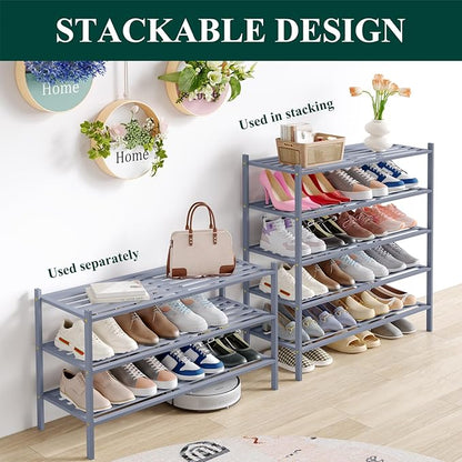 Smiry Long Bamboo Shoe Rack 4-Tier, Stackable Wooden Shoe Organizer for Entryway & Closet, Free Standing Wood Shoe Storage Shelf for Front Door & Small Spaces, Grey
