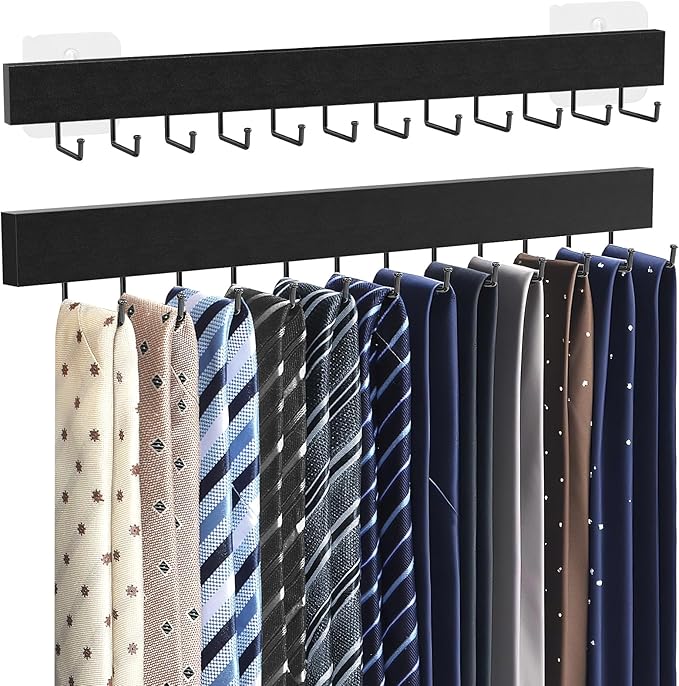 HOMEBROS Tie Rack Wall Mount, Adhesive Wooden Closet Tie Hanger with 24 Metal Hooks, Large Capacity, 2 Installation Options, Black, 2 Pcs