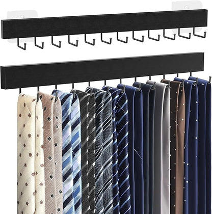 HOMEBROS Tie Rack Wall Mount, Adhesive Wooden Closet Tie Hanger with 24 Metal Hooks, Large Capacity, 2 Installation Options, Black, 2 Pcs