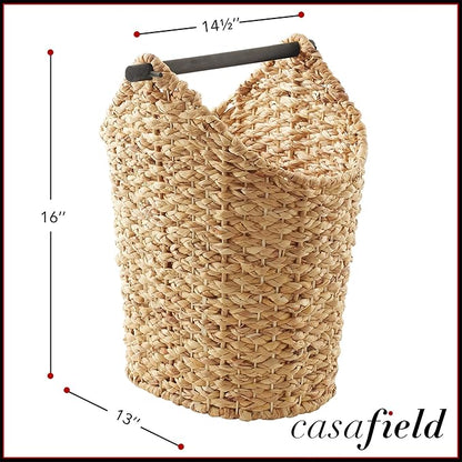 Casafield Toilet Paper Storage Basket with Wood Roll Holder Bar - Natural, Braided Water Hyacinth Wicker Bathroom Tissue Storage Organizer