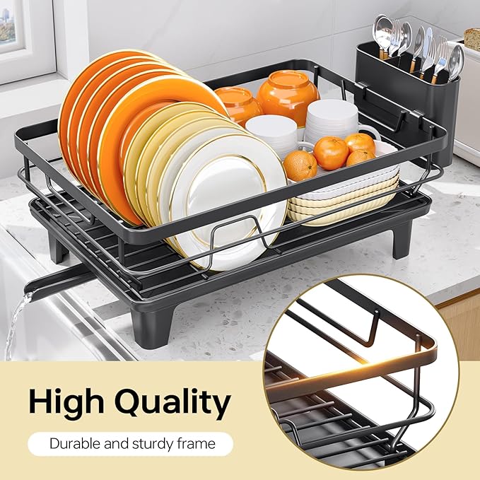 TOOLF Space-Saving Dish Drying Rack, Multifunctional Dish Rack for Kitchen Counter,Sink Dish Drainer Rack, Dishes Strainer with Drain Board & Cutlery Holder, Compact Dryer Rack,Black
