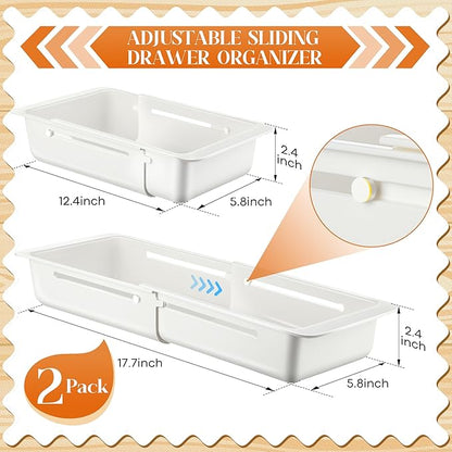 2 Pack Deep Drawer Organizer Bins, Sliding Drawer Organizer Bin Expandable and Adjustable Tray for Kitchen Utensils, BBQ Tools, Towels, Durable Plastic Sliding for Easy Storage(12.4-17.7")
