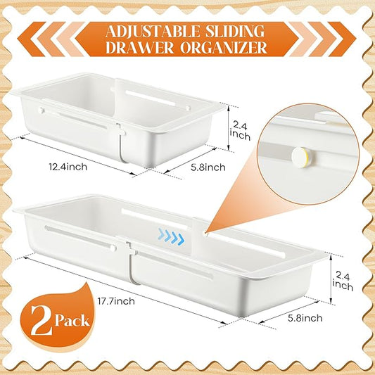 2 Pack Deep Drawer Organizer Bins, Sliding Drawer Organizer Bin Expandable and Adjustable Tray for Kitchen Utensils, BBQ Tools, Towels, Durable Plastic Sliding for Easy Storage(12.4-17.7")