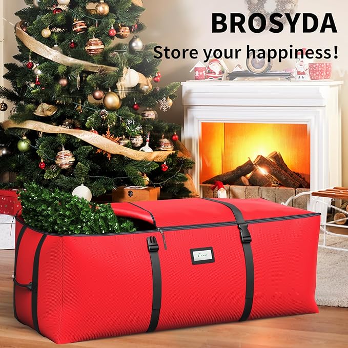 Christmas Tree Storage Bag, Fits Up to 9 Ft Artificial Christmas Tree with Buckle Straps & Dual Zippers & Handles, 600D PVC Durable Waterproof Material Protects from Dust.(Red)