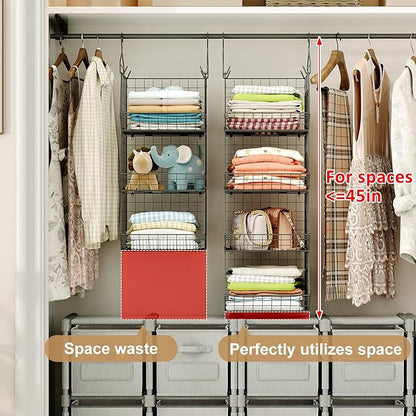 4 Tier Closet Hanging Organizer, Closet Organizers and Storage with 5 S Hooks, Closet Hanging Shelves & Freestanding Wire Storage Basket Bins, for Clothing Shoes Handbags Clutches Accessories Patent