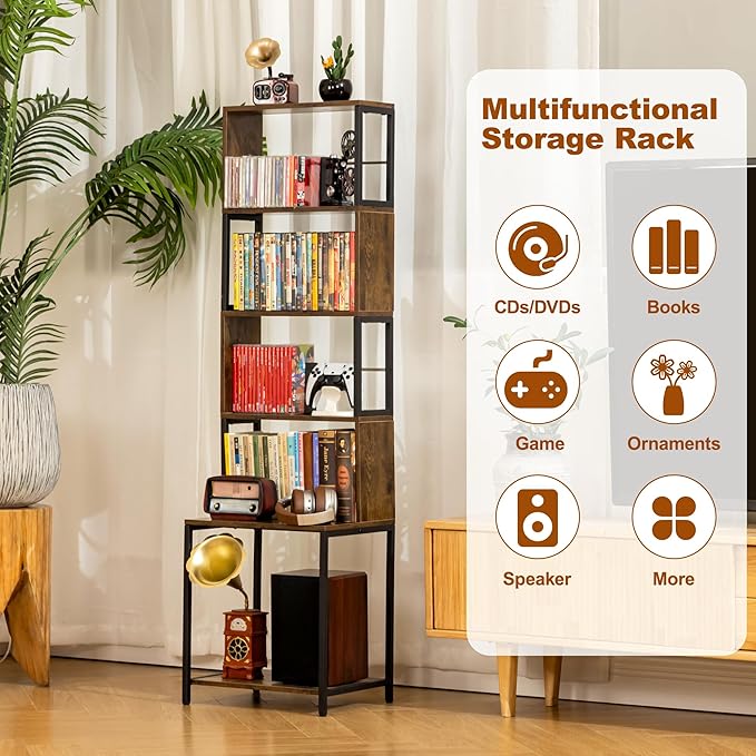 Aquzee CD Storage Rack, Wooden DVD Shelf, CD Holder with Adjustable Dividers, DVD Tower Rack, Media Storage Shelf for CDs/DVDs, Books, Video Games, Suitable for Living Room, Bedroom, Home Office