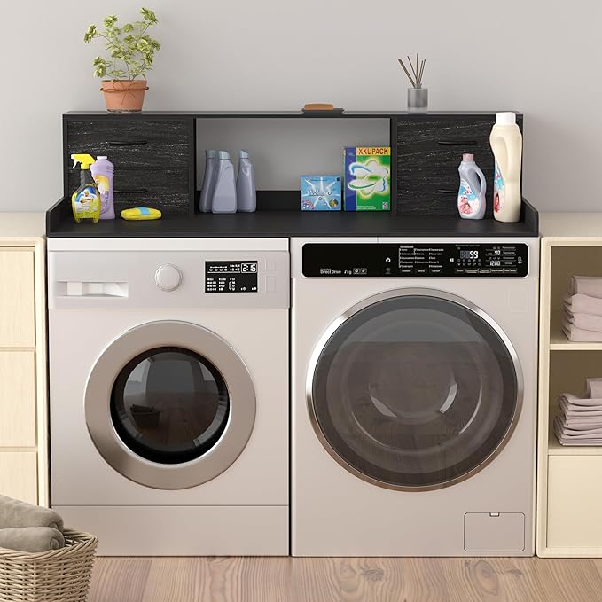 Washer and Dryer Countertop, 27.5“ D x 53.9“ W x 12.9“ H Solid Wood Washer and Dryer Countertop with Organizer Shelves with Four Drawers for Laundry Room Organization (Black)