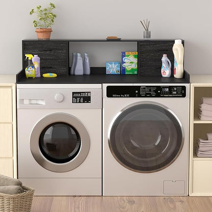Washer and Dryer Countertop, 27.5“ D x 53.9“ W x 12.9“ H Solid Wood Washer and Dryer Countertop with Organizer Shelves with Four Drawers for Laundry Room Organization (Black)
