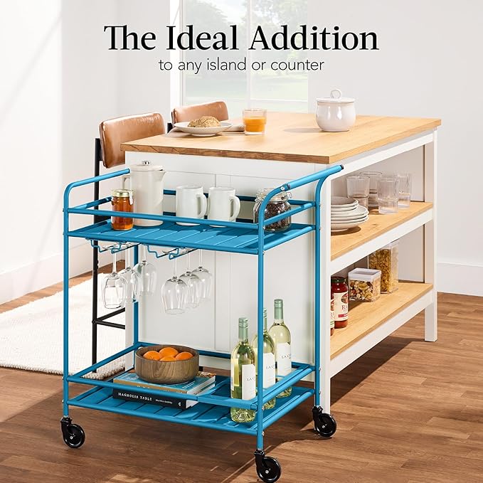 Best Choice Products Rolling Bar Cart, Mobile Home Bar Serving Cart, Serving Station w/ 2 Tier Shelves, Wine Rack, Lockable Wheels - Peacock