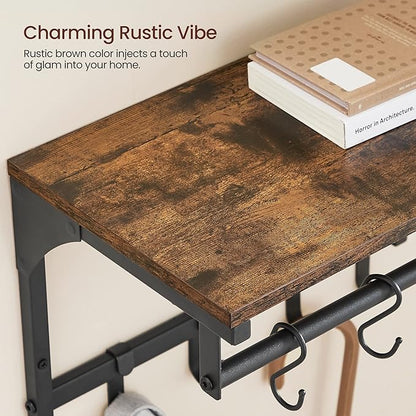 VASAGLE Laundry Room Shelf Wall Mounted, Coat Rack Shelf, with 8 Removable Hooks, for Entryway, Living Room, Kitchen, Bedroom, 15.7 x 9.4 x 9.4 Inches, Rustic Brown and Black ULCR103B01