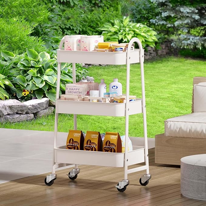 Rolling Storage Cart, 3 Tier Shelf Utility Carts Snack White Craft Carts with Mesh Baskets Bathroom Storage Cart with Wheels for Office, Classroom, Kitchen, 16.9x12.2x30.9 Inch