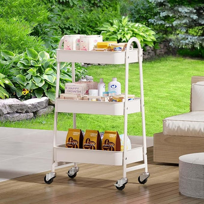 Rolling Storage Cart, 3 Tier Shelf Utility Carts Snack White Craft Carts with Mesh Baskets Bathroom Storage Cart with Wheels for Office, Classroom, Kitchen, 16.9x12.2x30.9 Inch
