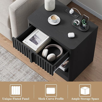 Harpaq Fluted Nightstand with Charging Station, 23.6" End Table with Solid Wood Handle, Curved Profile Design, Mid Century Moden Bedside Table for Bedroom, Black