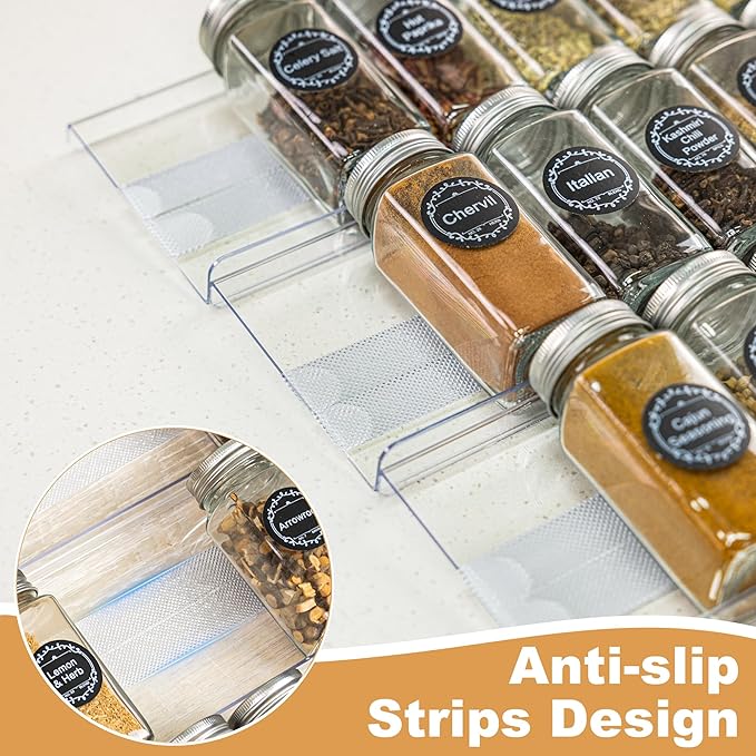 Brippo 8-Pack Spice Drawer Organizer, Expandable Acrylic Seasoning Rack (13" to 26") with Anti-Slip Mat, Kitchen Spice Rack Drawer Holds up to 56 Jars (Jars Not Included)