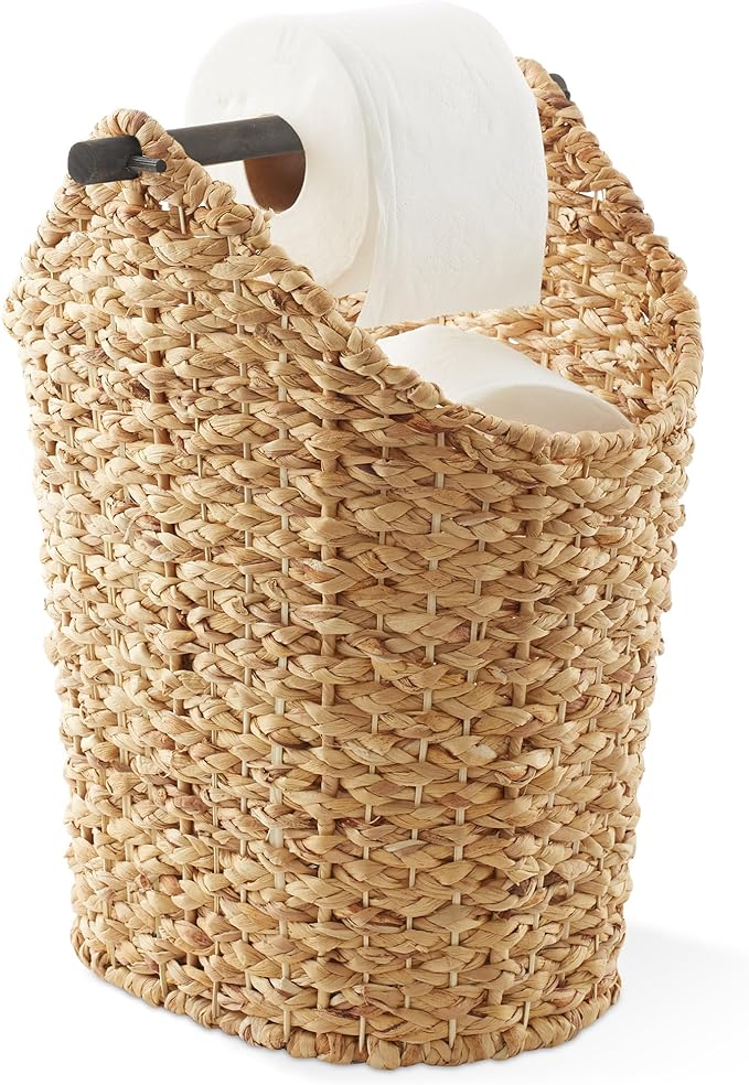 Casafield Toilet Paper Storage Basket with Wood Roll Holder Bar - Natural, Braided Water Hyacinth Wicker Bathroom Tissue Storage Organizer