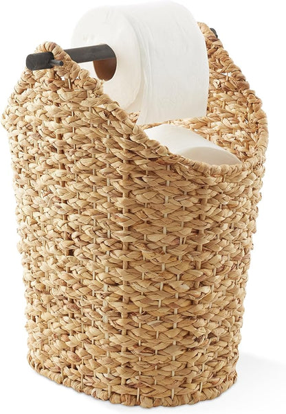 Casafield Toilet Paper Storage Basket with Wood Roll Holder Bar - Natural, Braided Water Hyacinth Wicker Bathroom Tissue Storage Organizer
