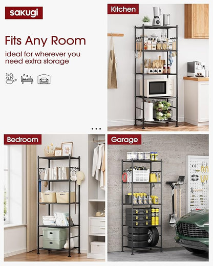 Storage Shelves - 5-Tier Large Capacity Shelf Organizer with Hooks, Heavy-Duty Garage Shelving with Leveling Feet, Wobble-Free Rack for Bedroom, Balcony, Garage, 18.1"×12.4"×56.8", Black