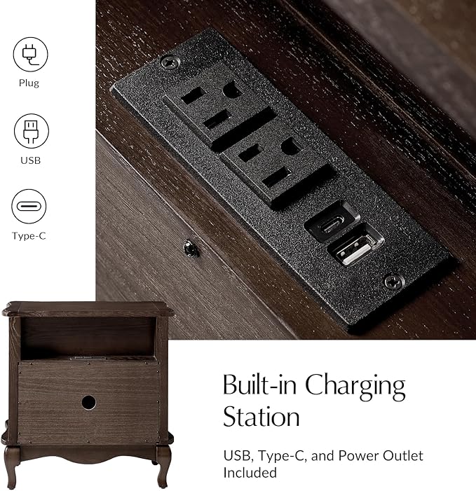 HULALA HOME Nightstand Set of 2 with 2 Drawers of Sculpted Drawer Front, French End Table with Curved Tabletop, Vintage Night Stand with Charging Station, Solid Wood Legs(Walnut)