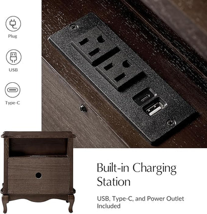 HULALA HOME Nightstand Set of 2 with 2 Drawers of Sculpted Drawer Front, French End Table with Curved Tabletop, Vintage Night Stand with Charging Station, Solid Wood Legs(Walnut)