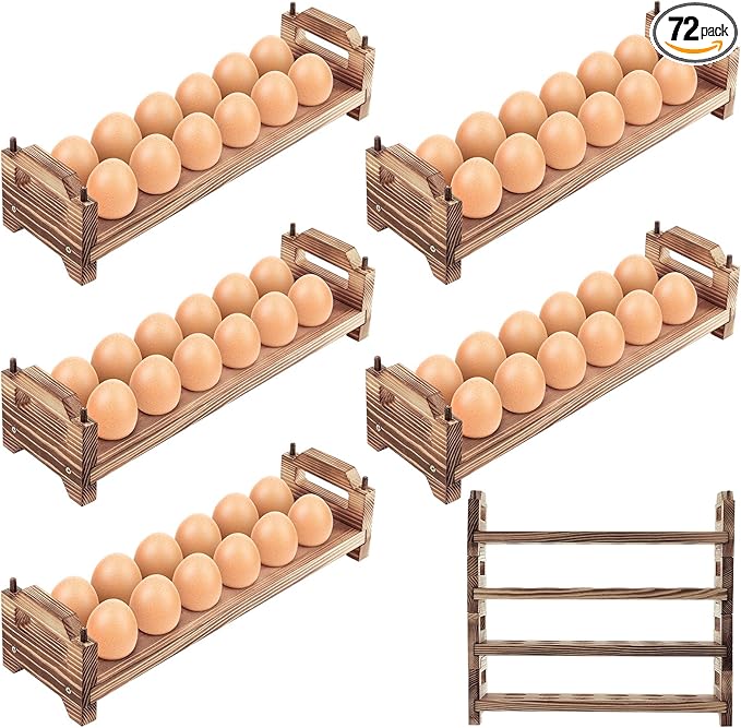 Maxcheck 6-Tier Stackable Egg Holder Wooden Egg Storage Rack with Handles Shelf Storage up to 72 Countertop Organizer for Kitchen, Refrigerator