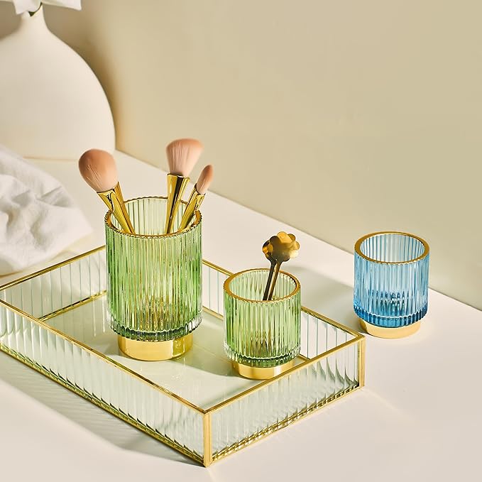 LEICURACE Makeup Brush Holder Organizer,Toothbrush Holders,Desk Pen Pencil Holder,Multifunctional Vintage Glass Brush Cup（S/Milky White/A3-US）
