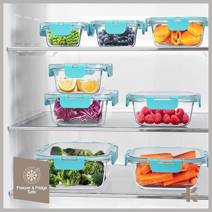 Bakken Borosilicate Glass Food Storage Containers with Lids 16 Pieces, BPA-Free Stackable Lunch & Leftover Containers, Microwave, Freezer & Dishwasher Safe, 100% Airtight Leak-Proof, Aqua