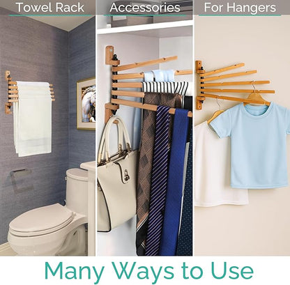 Swivel Towel Rack - Clothes Drying Rack Wall Mounted - Crafted with Rustic Hard Wood - 5 Durable Rods, Stylish and Home Docor Design for Bathroom, Laundry Room