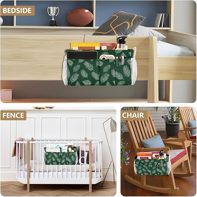 CuwrYet Bedside Caddy Hanging Bunk Bed Caddy Bed Organizer Hanging Pocket with 2 Hooks Bedside Storage Organizer Pocket Bag Holder Green Simple Palm Leaf