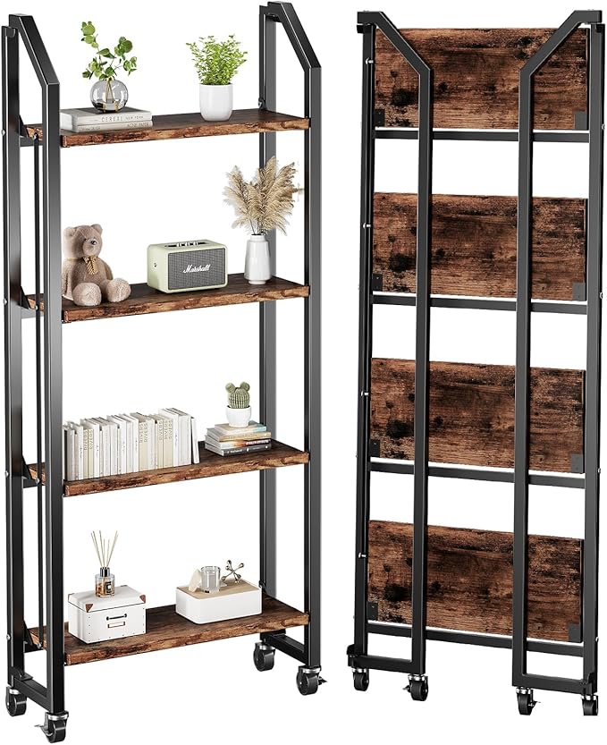 No Assembly Folding Bookshelf for Living Room, 4 Tier Collapsible Book Shelf for Home Office, Portable Bookcase Storage Organizer