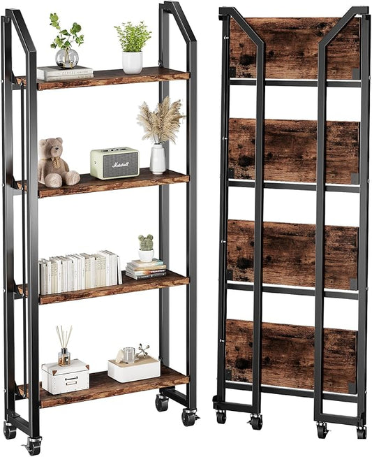 No Assembly Folding Bookshelf for Living Room, 4 Tier Collapsible Book Shelf for Home Office, Portable Bookcase Storage Organizer