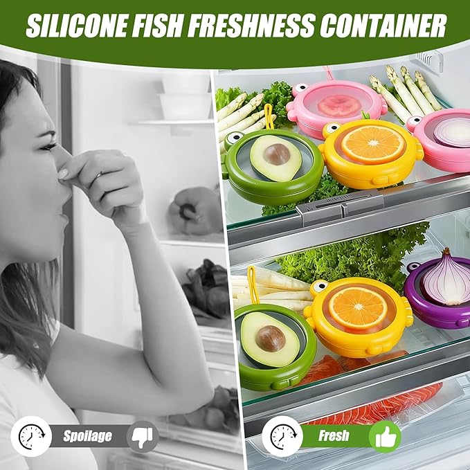 Set of 8 Fish-Shaped Fresh Food Containers, Fresh Pod, Reusable Silicone Storage Pods for Avocado, Onions, Lemon, Tomatoes, Garlic – Anti-Oxidation for Fridge, Send Goods from Local Warehouse