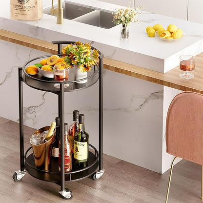 Bar Cart Black Rolling Cart for Home,2 Tiers Bar Serving Cart Round Wine Cart with Handle, Metal Wine Rack and Casters, Serving Bar Trolley for Home Kitchen,Living Room,Christmas,New Year