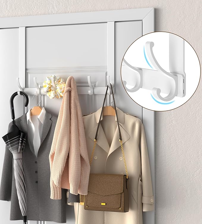 KitchLife Long Over The Door Hooks Hanger with 15.75" Extended Arms, Fits 1 3/8" Doors, F40U, 6 Double-Hanger Design Thickened Heavy Duty Bathroom Towel Rack Organization, Glossy White, 1 Pack