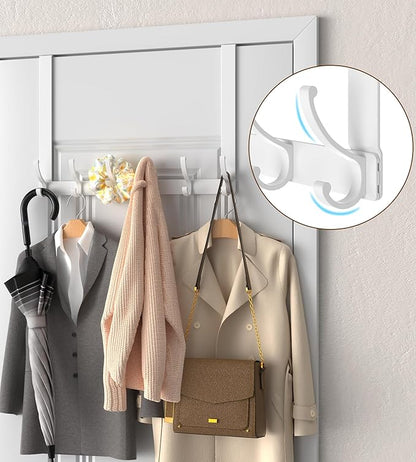 KitchLife Long Over The Door Hooks Hanger with 15.75" Extended Arms, Fits 1 3/8" Doors, F40U, 6 Double-Hanger Design Thickened Heavy Duty Bathroom Towel Rack Organization, Glossy White, 1 Pack