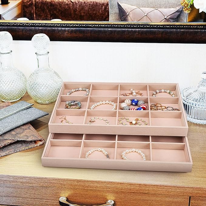 Zerodeko 2 Pcs Velvet Jewelry Organizer Tray with Adjustable Compartments Stackable 12-Grid Jewelry Display Insert for Drawer Storage and Home Decor