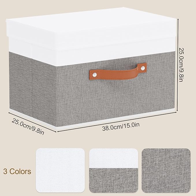 5 Pack Storage Bins with Lids, Linen Foldable Collapsible Boxes, 15 x 9.8 x 9.8 Inch Storage Baskets with Handles for Shelves, White and Grey