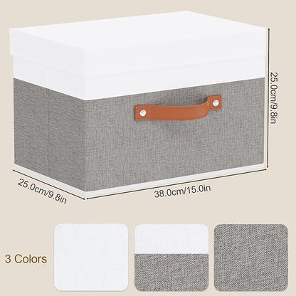 5 Pack Storage Bins with Lids, Linen Foldable Collapsible Boxes, 15 x 9.8 x 9.8 Inch Storage Baskets with Handles for Shelves, White and Grey
